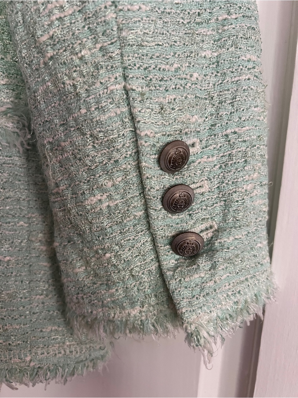 Zara Pastel Mint Bouclé Frayed-Edge Blazer - Picture 5 of 6